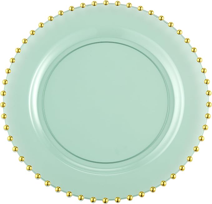 PLASTICPRO 128 Piece Combo Plastic Dinner Plates Disposable Plastic Fancy Heavy Duty Party Dishes 7 inch and 10 inch, Translucent Green and Gold Beaded
