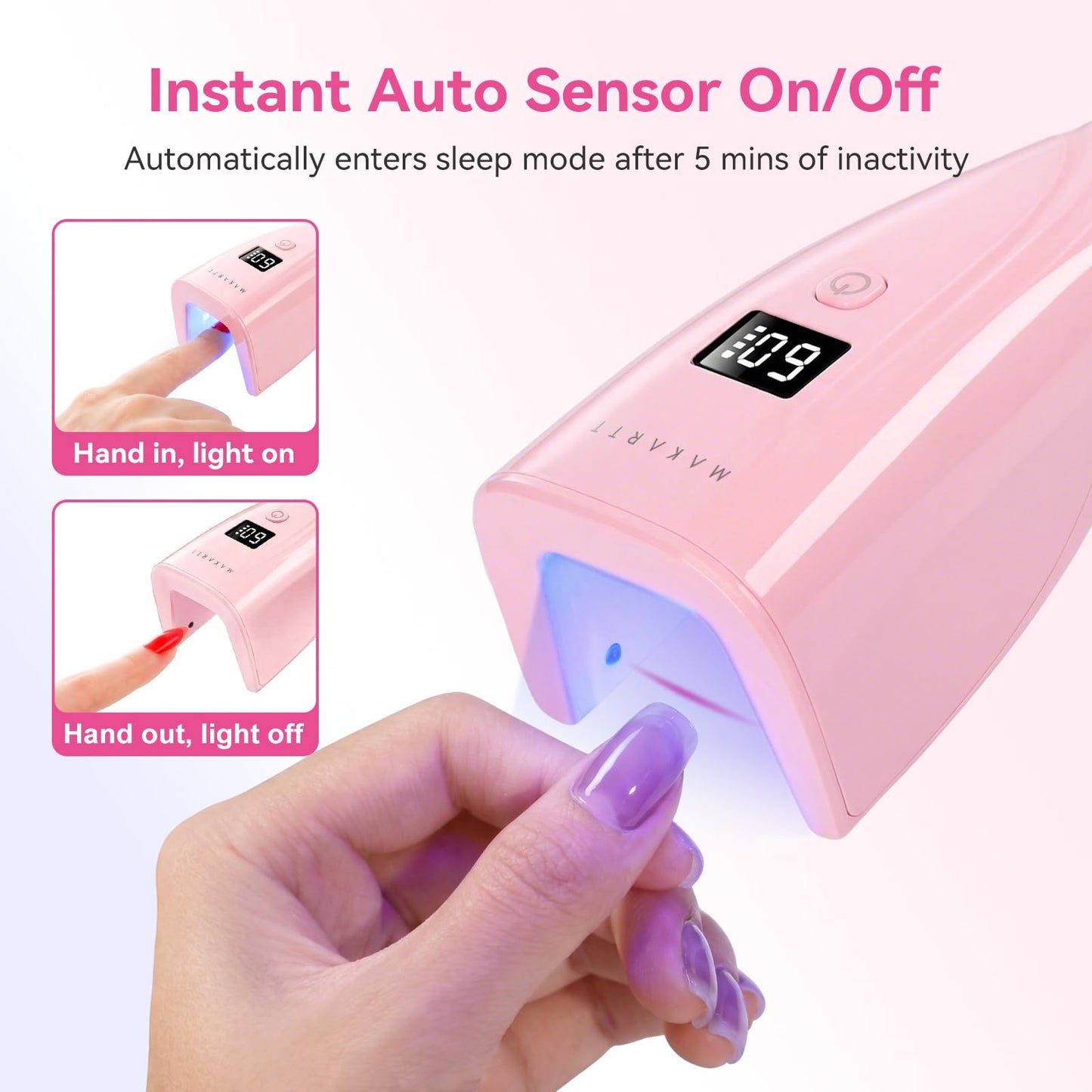 Makartt Flash Cure UV Nail Lamp, 3S Pre-Curing Portable Cordless UV LED Nail Light 222 mW/cm² for Rhinestone Glue & Poly Nail Gel, Rechargeable Nail Dryer with LCD Display, 2 Timers & Smart Sensor
