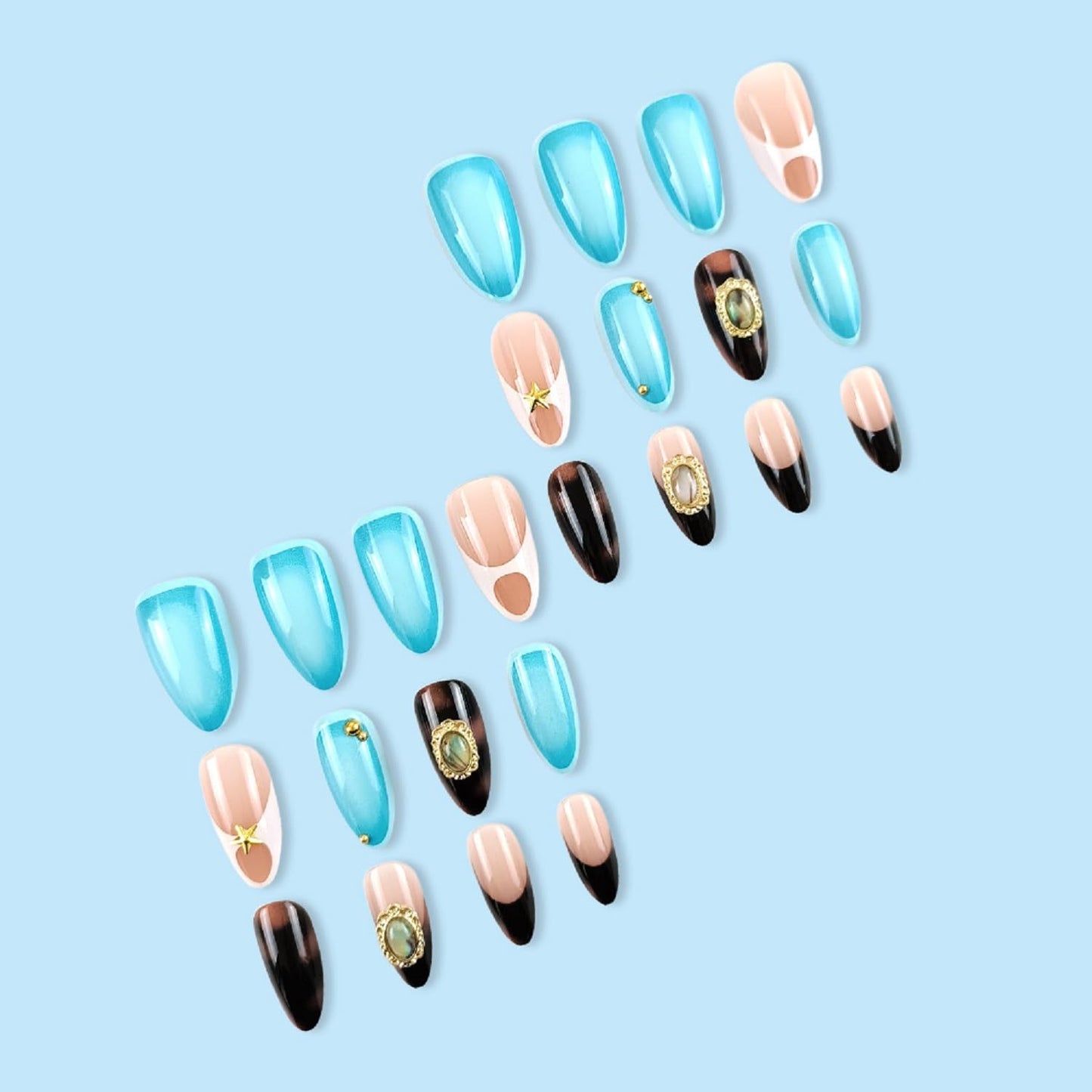 Medium Almond Press On Nails French Tip Fake Nails Star With Metal Charms Design Blue False Nails Full Cover Artificial Glue On Nail Acrylic Reusable Stick On Nail For Women Manicure Art 24pcs