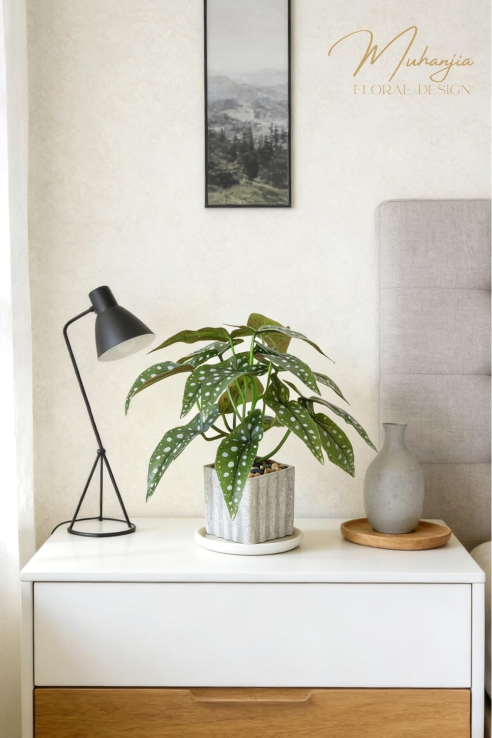 Muhanjia Artificial Potted Plant, Lifelike Faux Greenery in Decorative Cement-Look Square Pot for Indoor Home Decor Centerpieces (Polka Dot Begonia)
