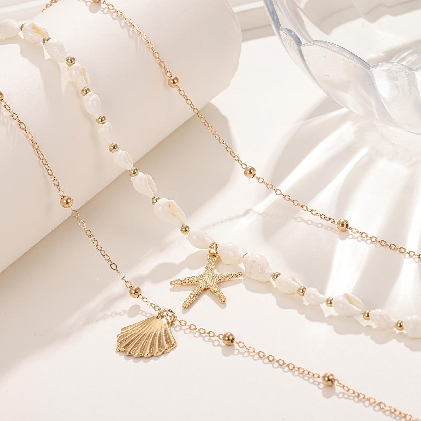 Seashell Starfish Necklace for Women Summer Pearl Beach Conch Shell 14k Gold Layered Dainty Choker