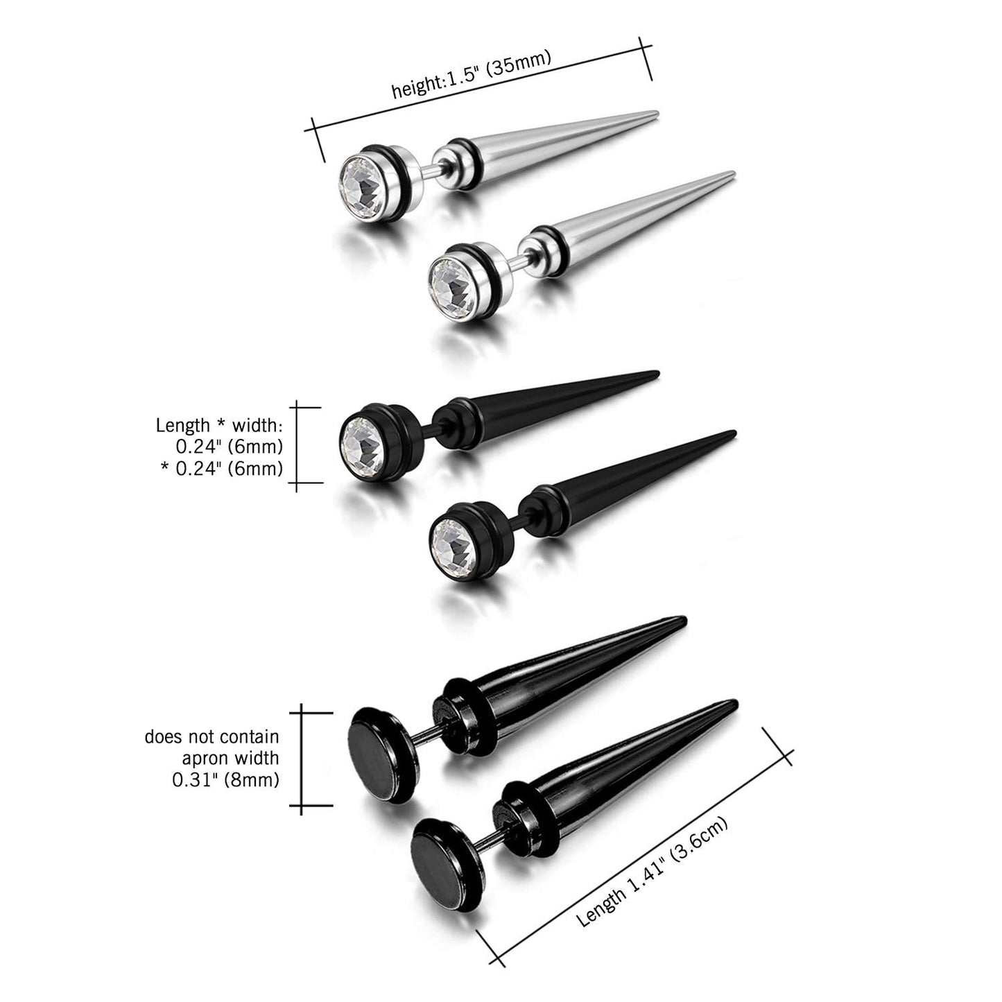 Aroncent 6PCS Men's Stainless Steel Fake Illusion Tunnel Cheater Piercing Jewelry Stud Earrings Set