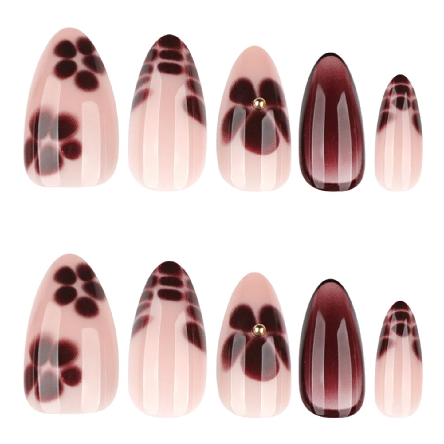Kamize Short Almond Fake Nails Gradient Press on Nails Full Cover Acrylic Daisy False Nails Coffee Brown for Women 24PCS
