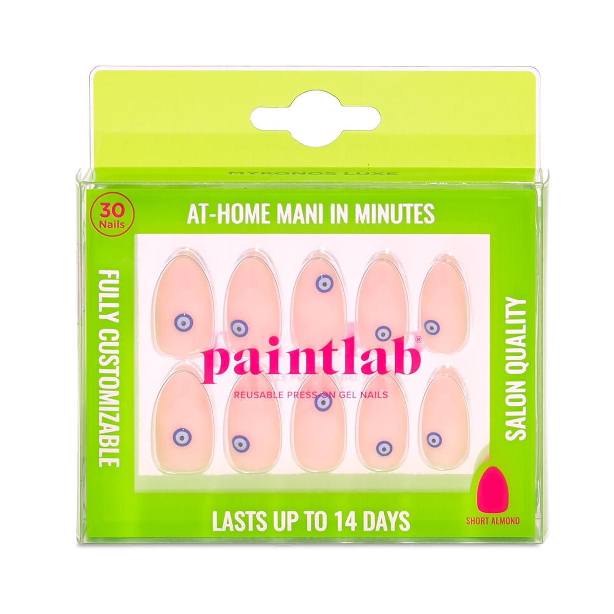 PaintLab Press On Nails - Mykonos Evil Eye Blue Almond Fake Nails, 30 Nails in 15 Sizes with Glue, Reusable Salon Quality Press On Nails