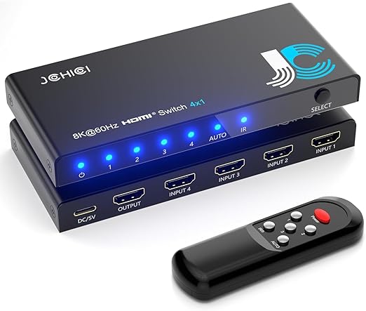HDMI 2.1 Switch 4 in 1 Out 8K@60Hz 4K@120Hz, 4 Ports HDMI Switcher Splitter Selector with Remote, Support HDCP 2.3 HDR 10+ Dolby Vision/Atmos 48Gbps CEC for Apple TV Game PC PS Pro Xbox Roku