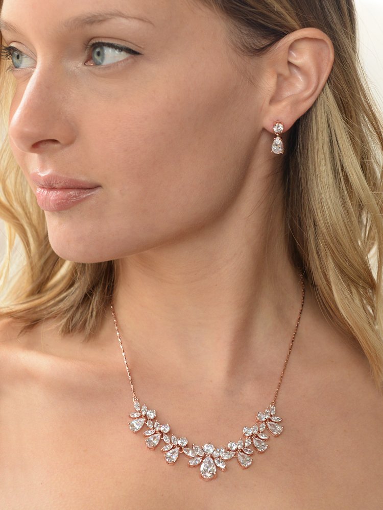 Mariell Rose Gold Multi-Shaped Cubic Zirconia Necklace & Earring Wedding Jewelry Set For Women and Brides