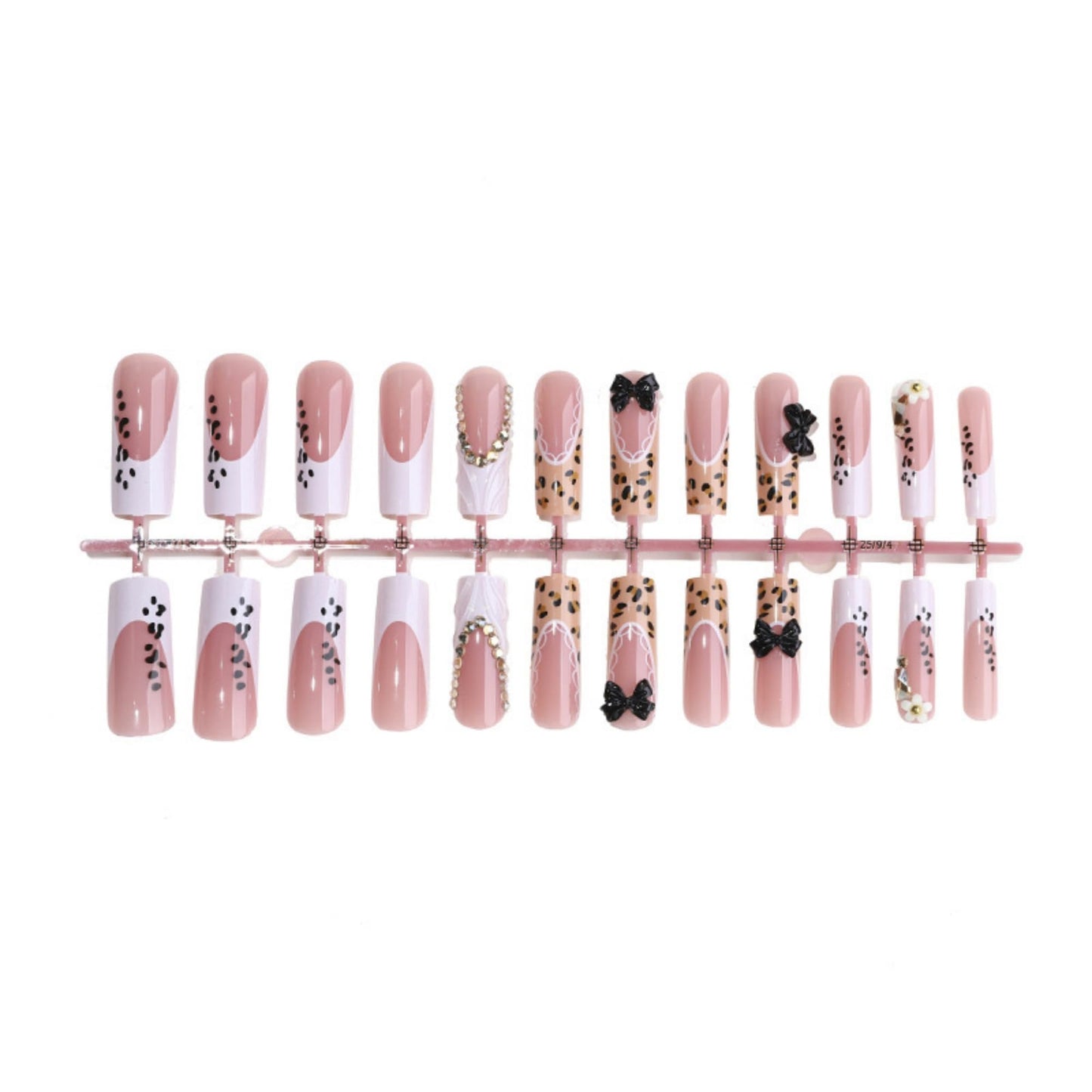 SEENEEY Long Press on Nails Square Fake Nails Brown Artificial Nail Leopard and Black Bow Designs Cute Stick on Nail for Women 24pcs