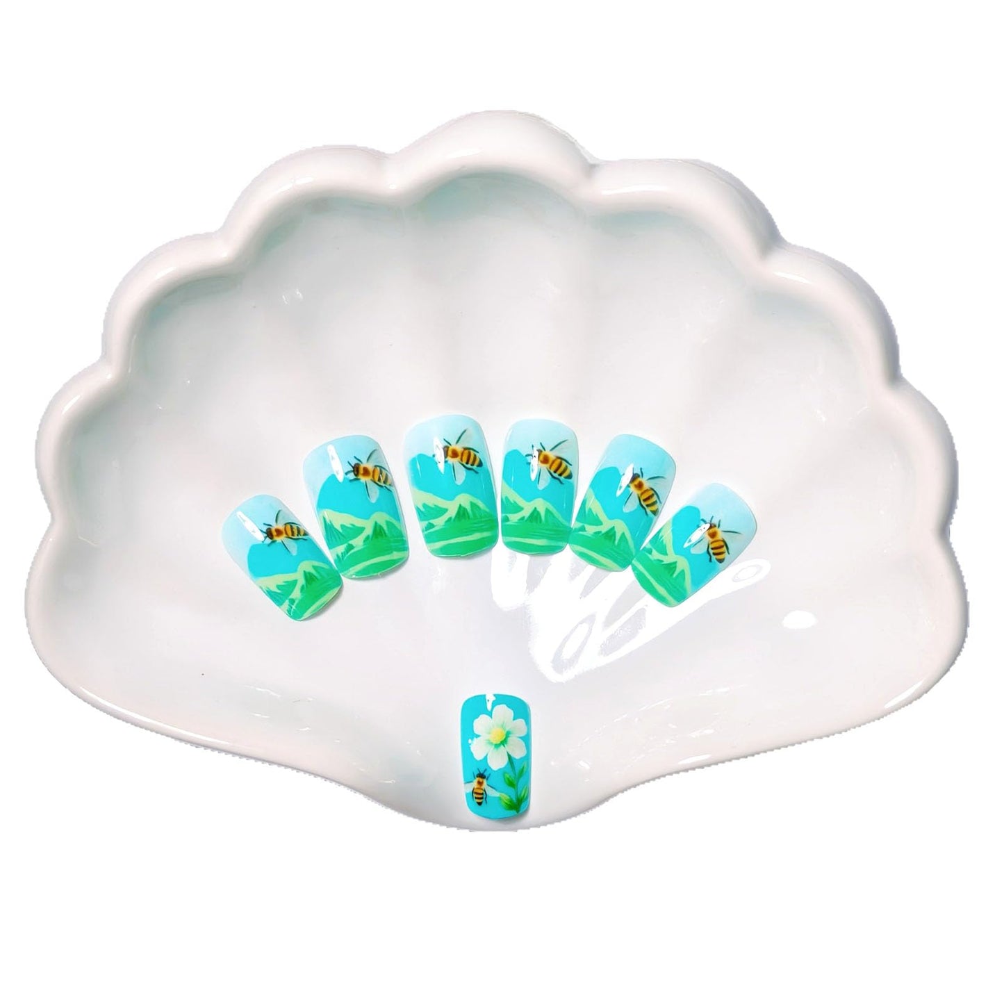 Summer Press on Nails Medium Square Fake Nails with White Flower Green Leaves Designs Glossy Nails Press ons Spring Blue Glue on Nails Acrylic Artificial Stick on Nails for Women 24Pcs