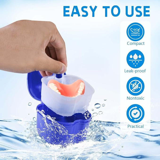 Blue Denture Bath Case Cup Box Holder Storage Soak Container with Strainer Basket for Travel Cleaning