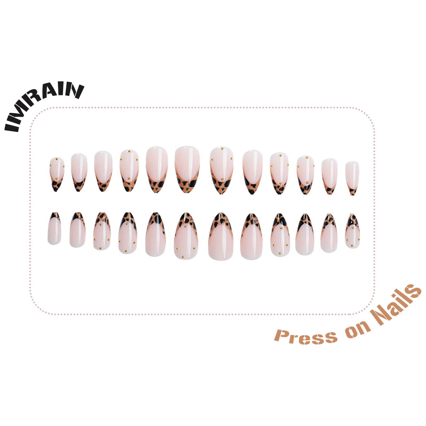 IMRAIN Fall Press on Nails - Medium Almond Fake Nails, Brown Leopard Print French False Nails Tips - Gold Bead Designs, Full Cover Acrylic Glossy Glue on Nails for Women Girls 24Pcs