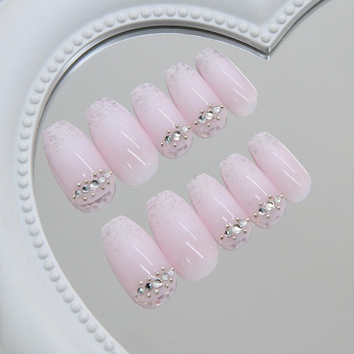 MISUD Press on Nails - Medium Coffin Fake Nails with Nude White Ombre, Acrylic Bling Glitter Rhinestone Design 24 pcs