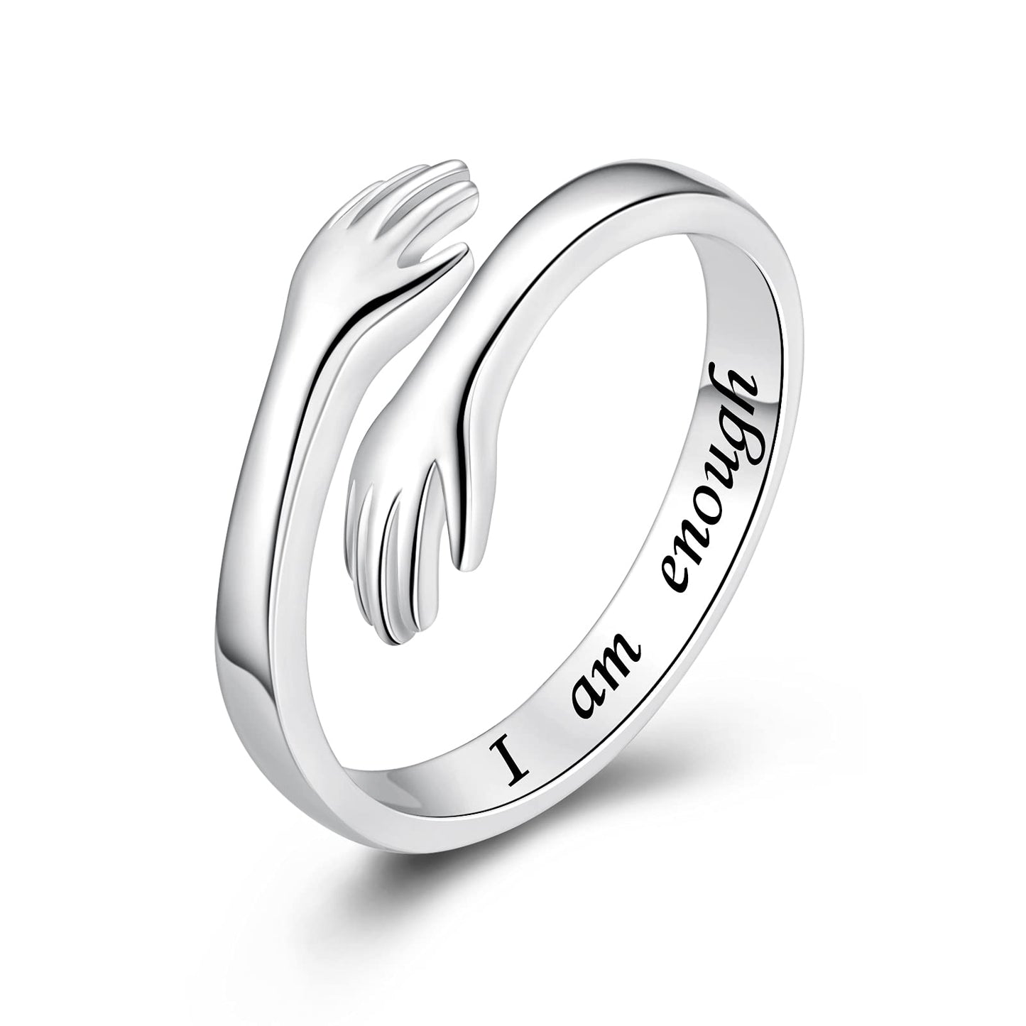ACJFA Hug Ring 925 Sterling Silver Hugging Hands Adjustable Rings I am Enough Ring Motivational Friend Inspirational Jewelry Encouragement Gift for Women