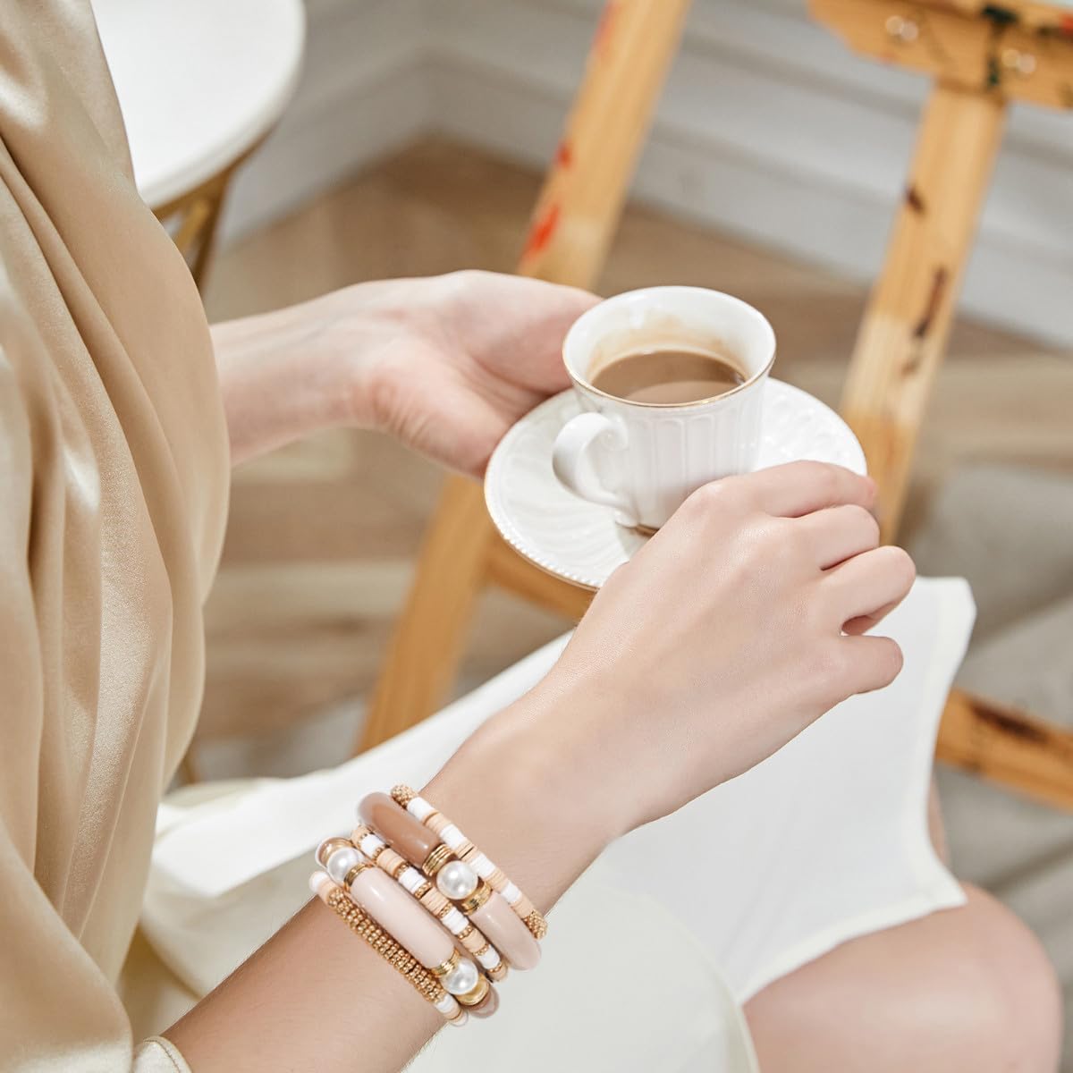GOOJIDS Simple Beaded Gold Plated Bangles Bracelet Chunky Bamboo Tube Curved Stacking Clear Acrylic Colorful Beads Stretchable Gold Plated Bracelets Set For Women