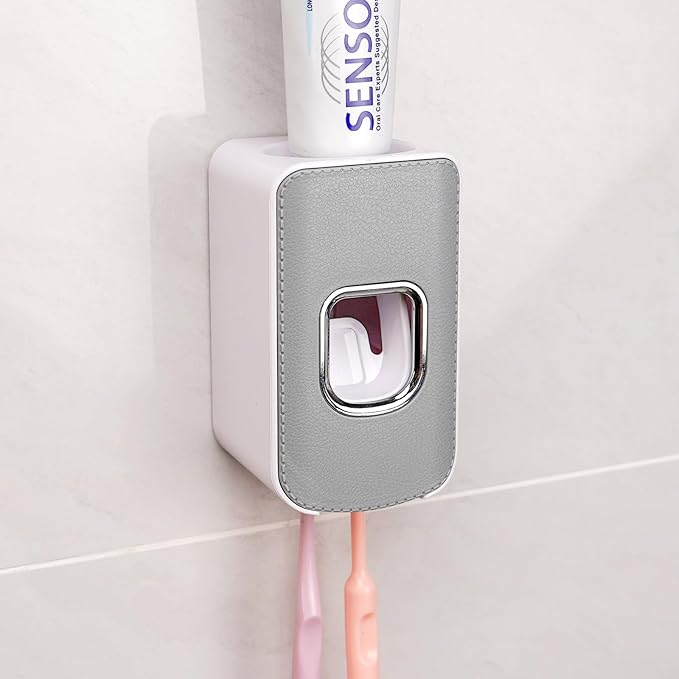 2 Slot Toothbrush Holder and Toothpaste Dispenser Wall Mounted, Automatic Toothpaste Squeezer, 2 in 1 Tooth Brush Toothpaste Organizer for Shower (Grey 2Pack)