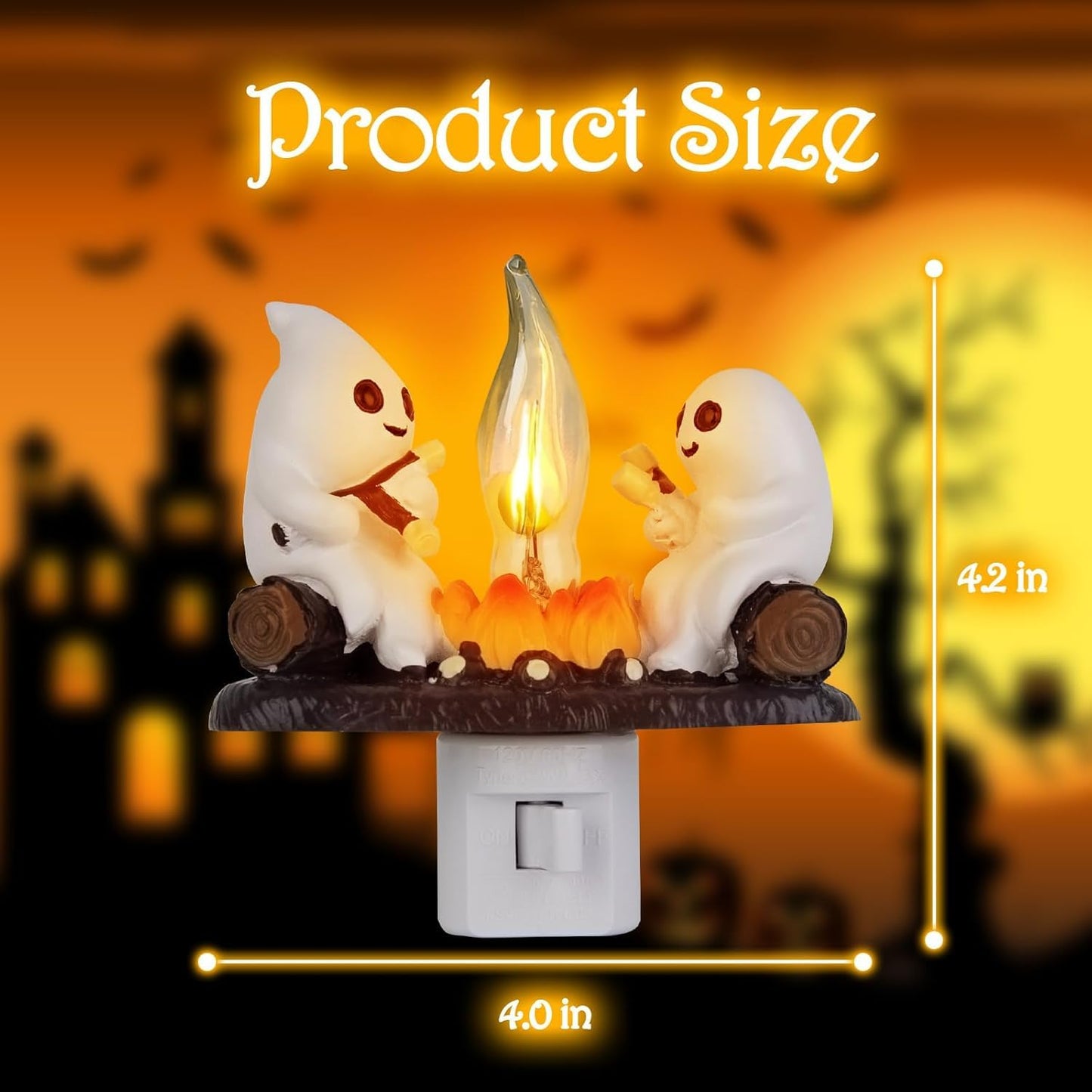 RAINBEAN Ghost Campfire Flickering Night Light, 3D Small Electric Faux Campfire Night Light,Ghosts Campfire Flicker Flame Nightlight, 5in LED Campfire Night Lights Funny Halloween Decor