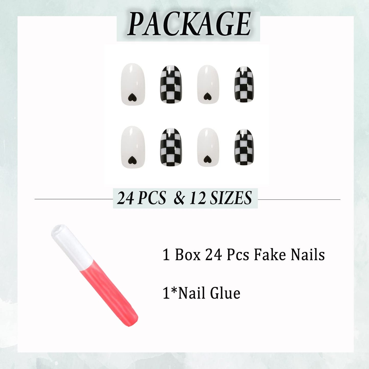 IMSOHOT 24Pcs Oval Press on Nails Short Glossy Fake Nails Checkerboard Black False Nails Round Full Cover Acrylic Nails for Women