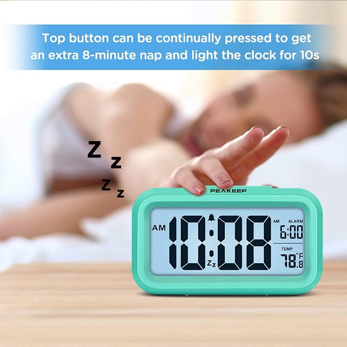 Peakeep Night Light Digital Alarm Clock Battery Operated Indoor Temperature | Small Cordless Cute Clock for Bedroom Desk Travel, Simple to Use for Teens Kids (Mint)