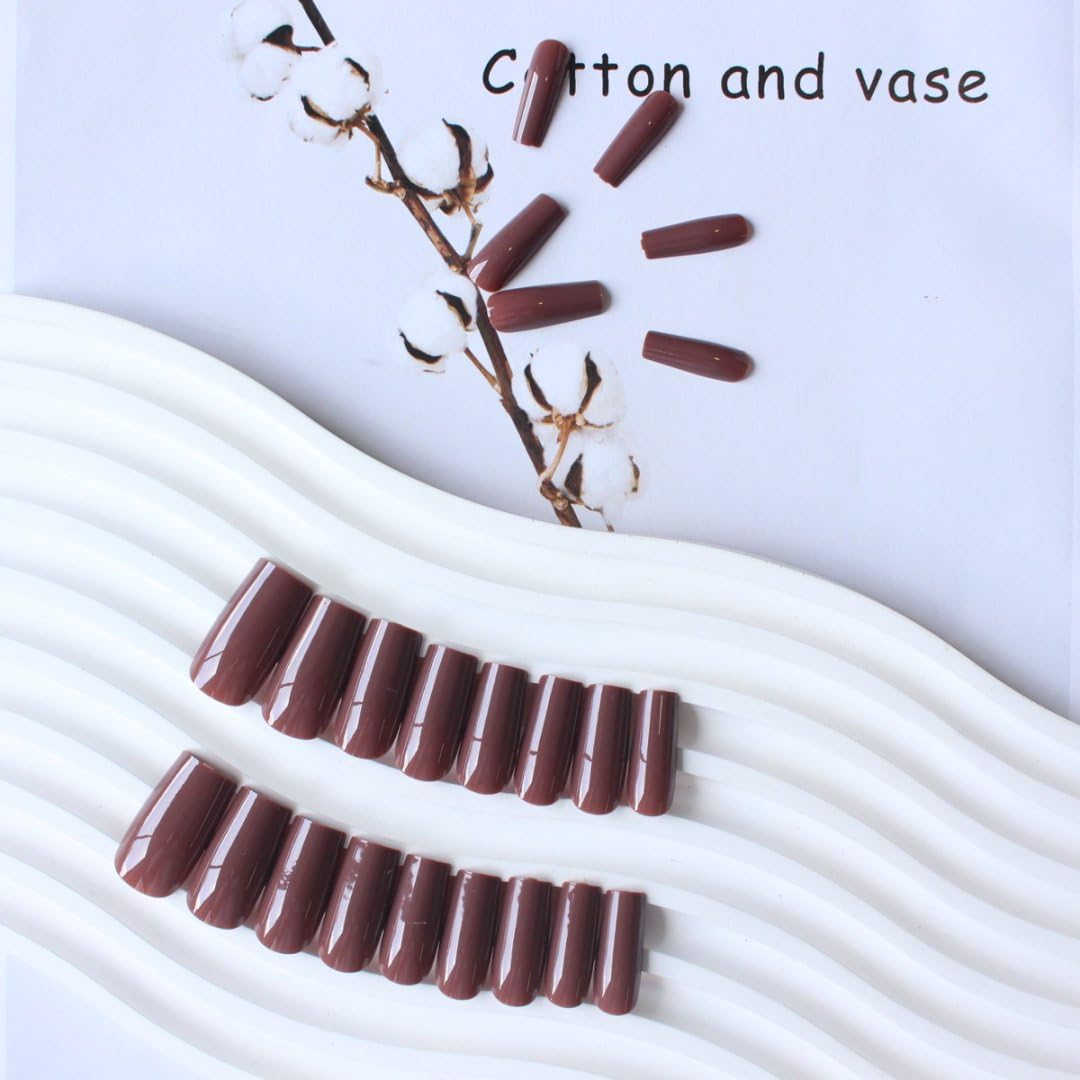 Brown Press On Nails Medium Long Square, Xcreando Medium Coffin Nails Acrylic Press ons Glue on Nails Long Length, Solid Color Fake Nail for Women, Natural Thick Artificial Nail Stick on
