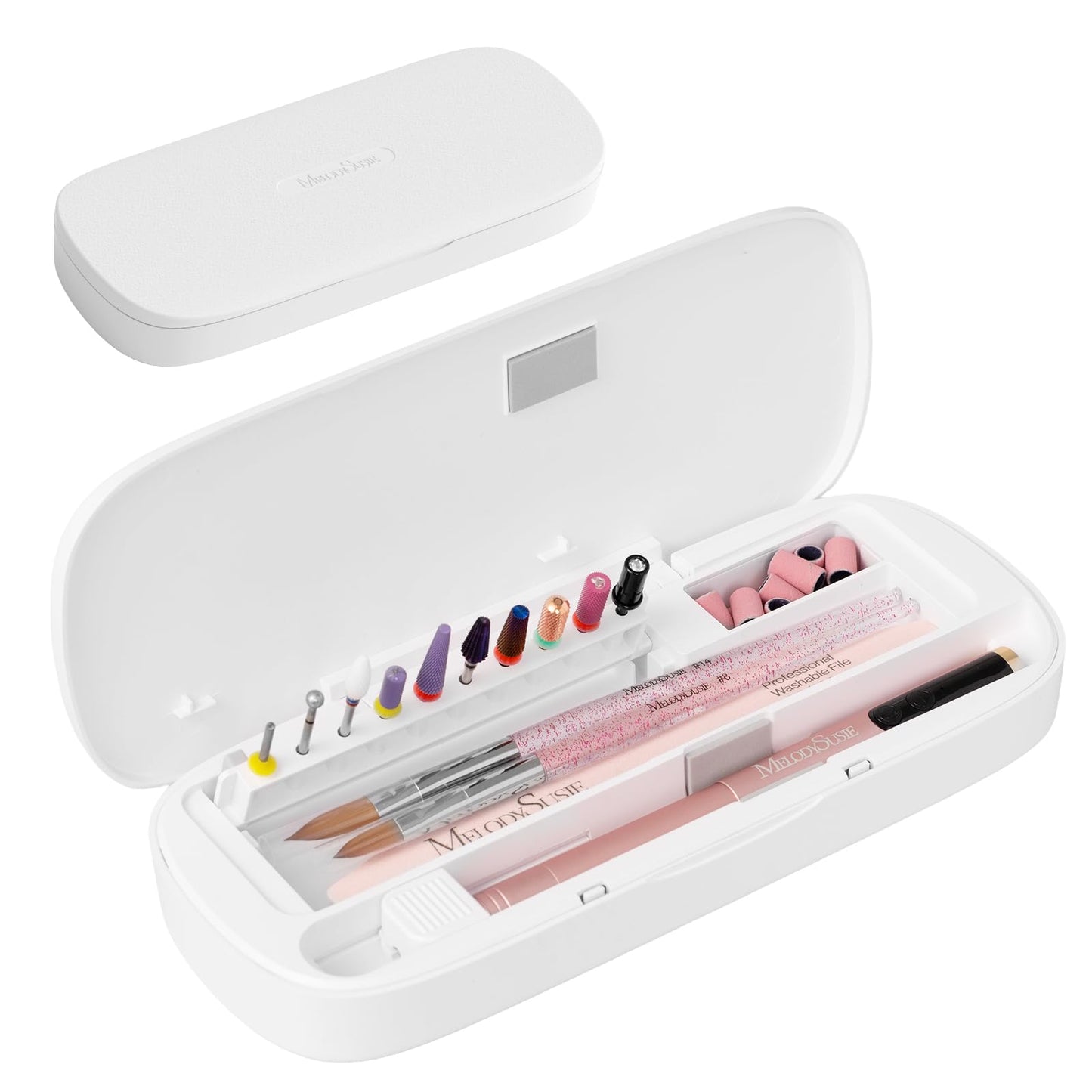MelodySusie Acrylic Nail Tool Storage Box, Portable Dustproof Stand Displayer Holder Organizer Container Manicure Efile Accessories Nail Drill Kit Case, Travel Salon Home, White(Only Box)