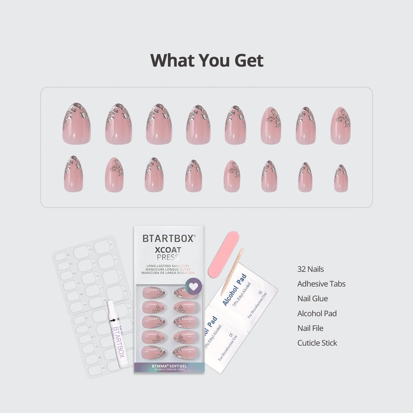 BTArtbox Press On Nails Short - Frost Glam, Lamp-Curable 3D Silver Flower Almond Press On Nails with Glue and Adhesive Tabs for Women in 16 Sizes - 32 Soft Gel Glue On Nails Kit