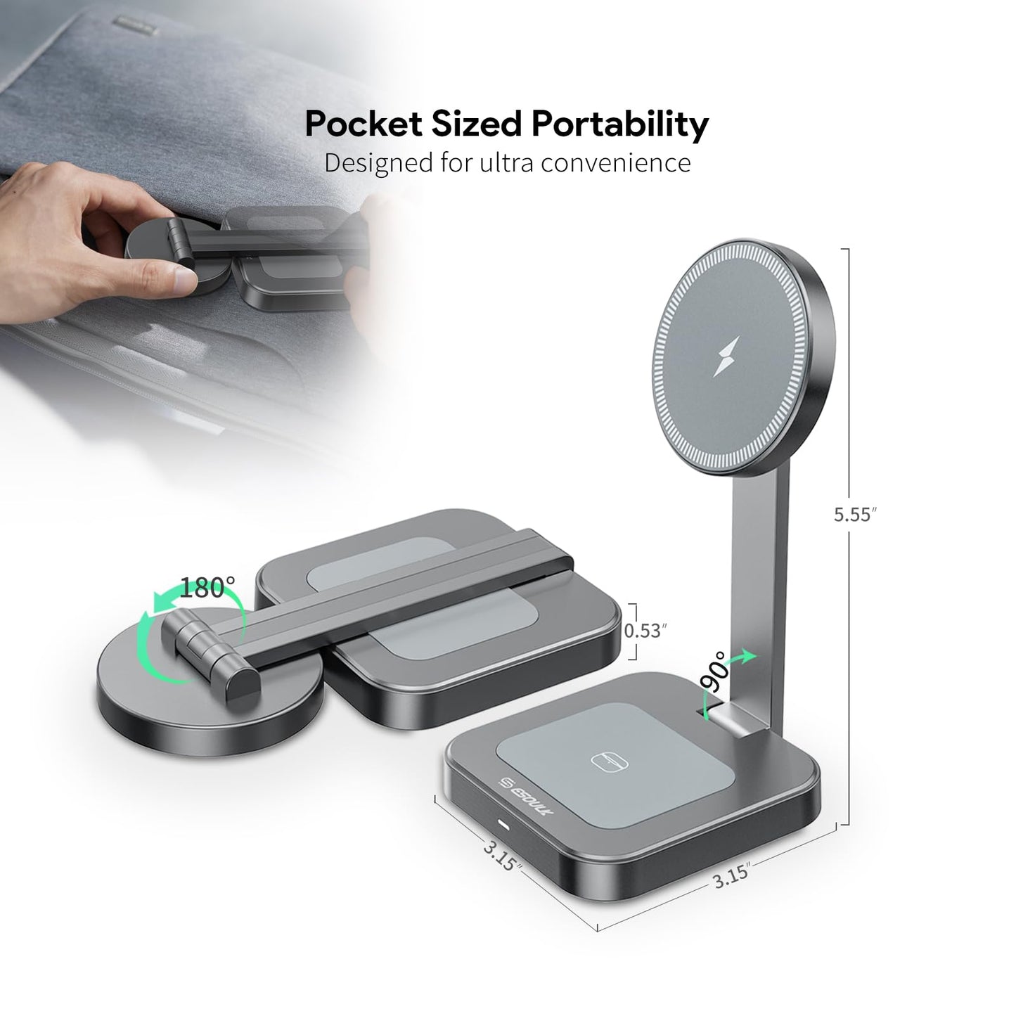 Esoulk 2 in 1 Magnetic Wireless Charging Station, Foldable Charger Stand for iPhone 17/16/15/14, AirPods Charging Pad, Travel Compact 15W Fast Wireless Charger