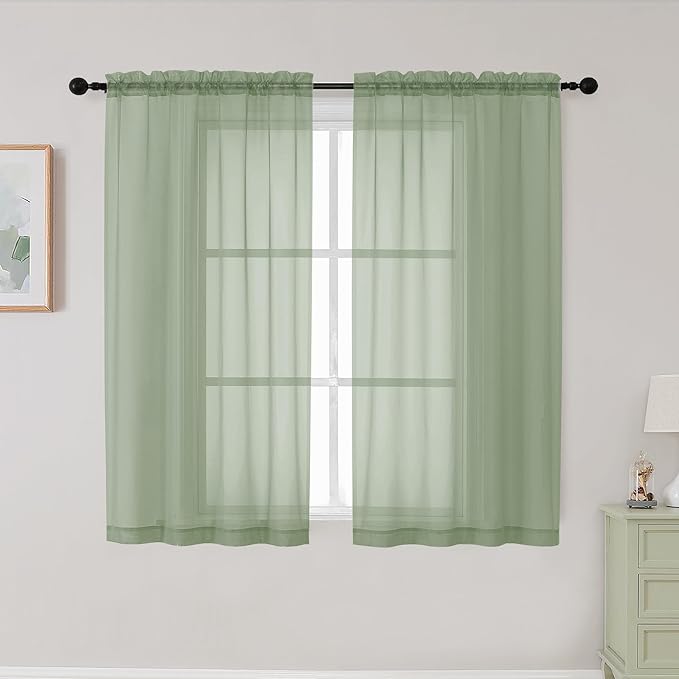 Sage Green Sheer Curtains for Bedroom Living Room 45 Inch Length 2 Panels, Soft Light Filtering Small Kitchen Window Curtains, Rod Pocket Short Curtain Drapes, Sage Green, 42" Wx45 L Inches