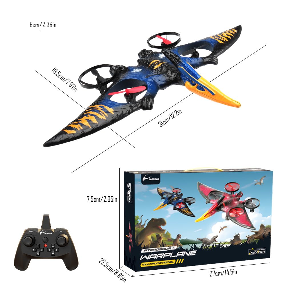 Dinosaur Remote Control Drone, 2.4G EPP Foam RC Pterodactyl Hobby RC Airplanes with 6-Axis Gyro, One Key Takeoff Landing, Stunt Roll & 360 Flip, Fighter Jet Toy Christmas Birthday Gift for Boys Girls