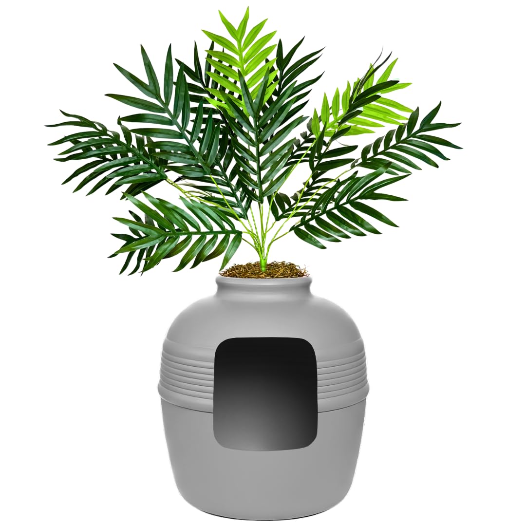 Good Pet Stuff Original Hidden Litter Box Planter, Decorative Cat Litter Enclosure with Carbon Filter, Artificial Palm Plant, Upgraded Design, Easy to Clean, Base Kit, White Birch