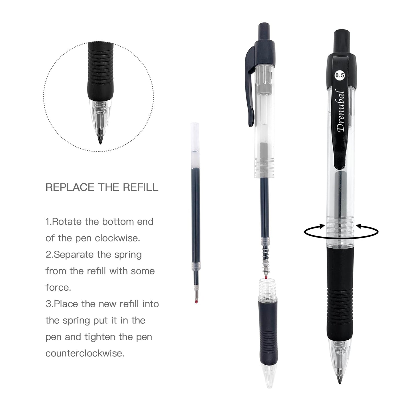 Drenubal Black Glide Retractable Ball Pens, Medium Point (0.5mm), Comfortable Rubber Grip For Writing, 48-Count Pack
