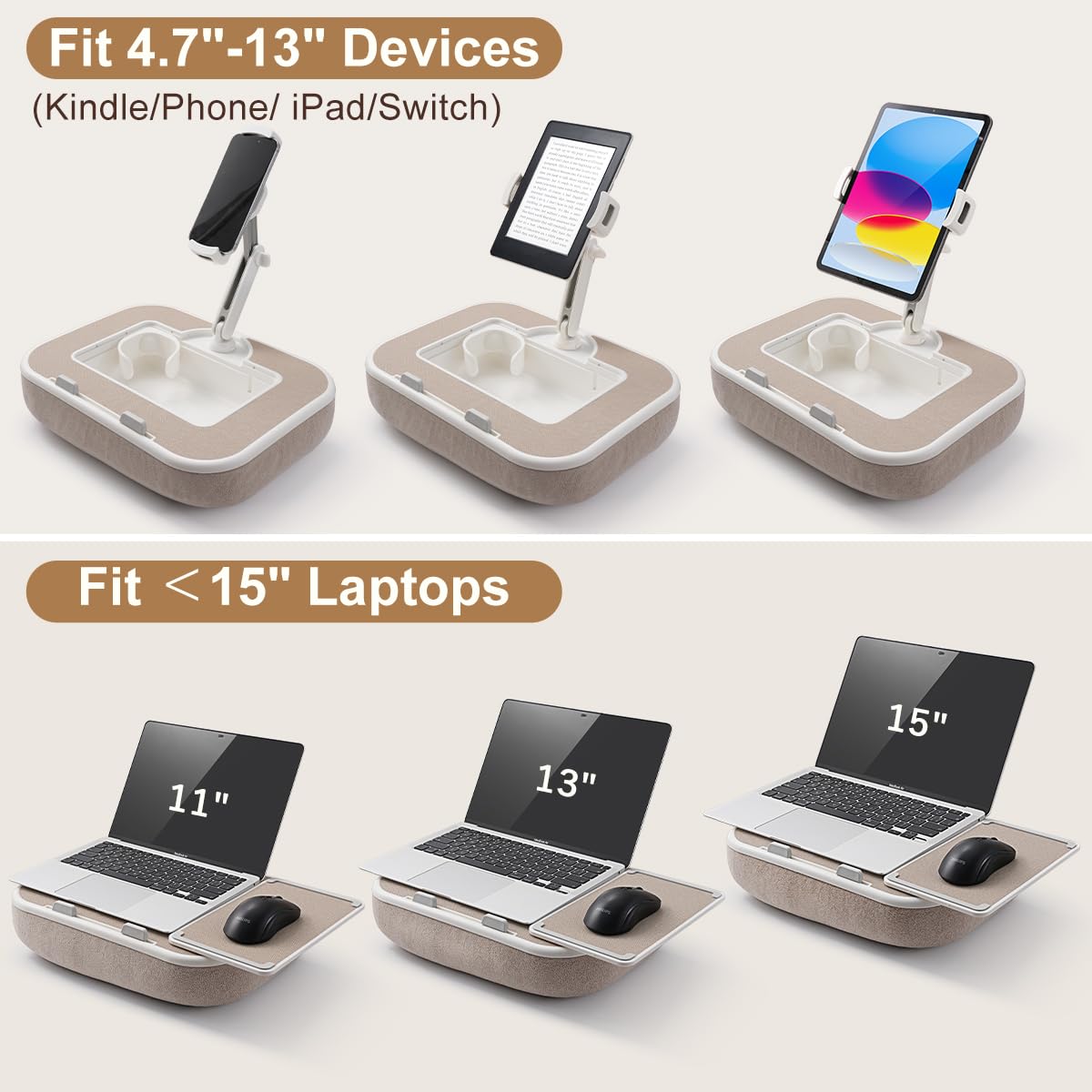 WISFISSH Tablet Pillow Stand with Snack Bowl and Writing Board, 360° Rotating Phone Holder for 4.7-13" Phone Kindle Tablet, Pillow Kindle Holder for Reading in Bed, Couch,Recliner,Floor Etc-Beige