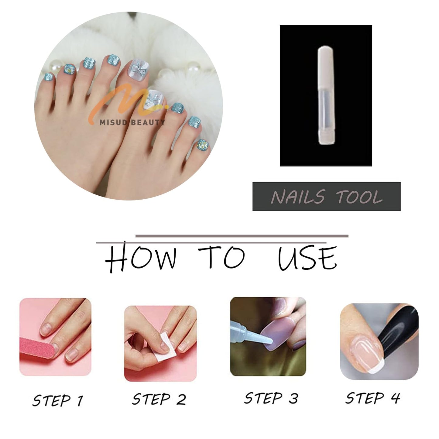 MISUD Press on Toenails - Fake Toe Nails with Blue Cat Eye, Acrylic Toenail Bling Glitter Design 24 pcs