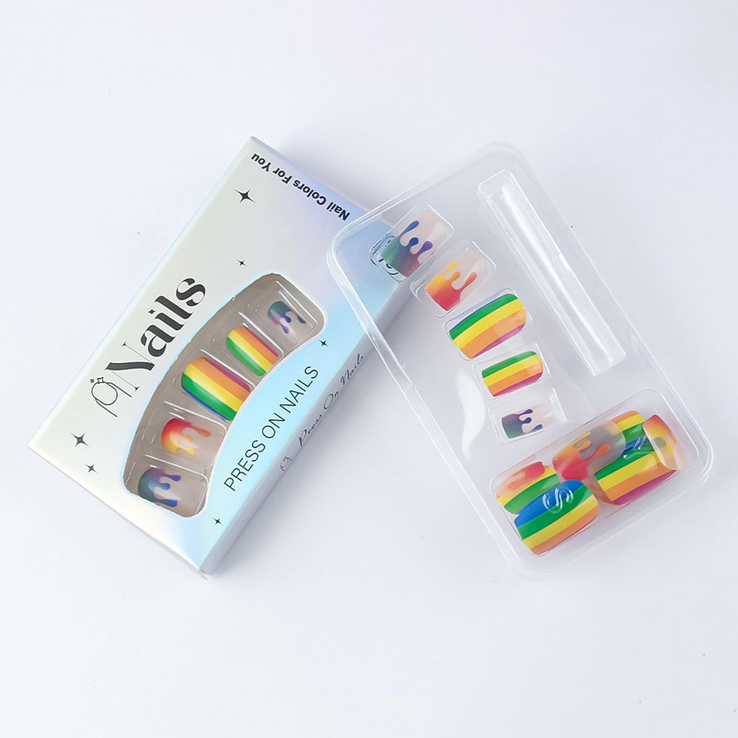 Rainbow Press on Nails Medium Square Fake Nails with Colorful Stripes Design Cute Summer Nails Press ons Glossy Full Cover Stick on Nail Artificial Glue on Nails for Women 24Pcs
