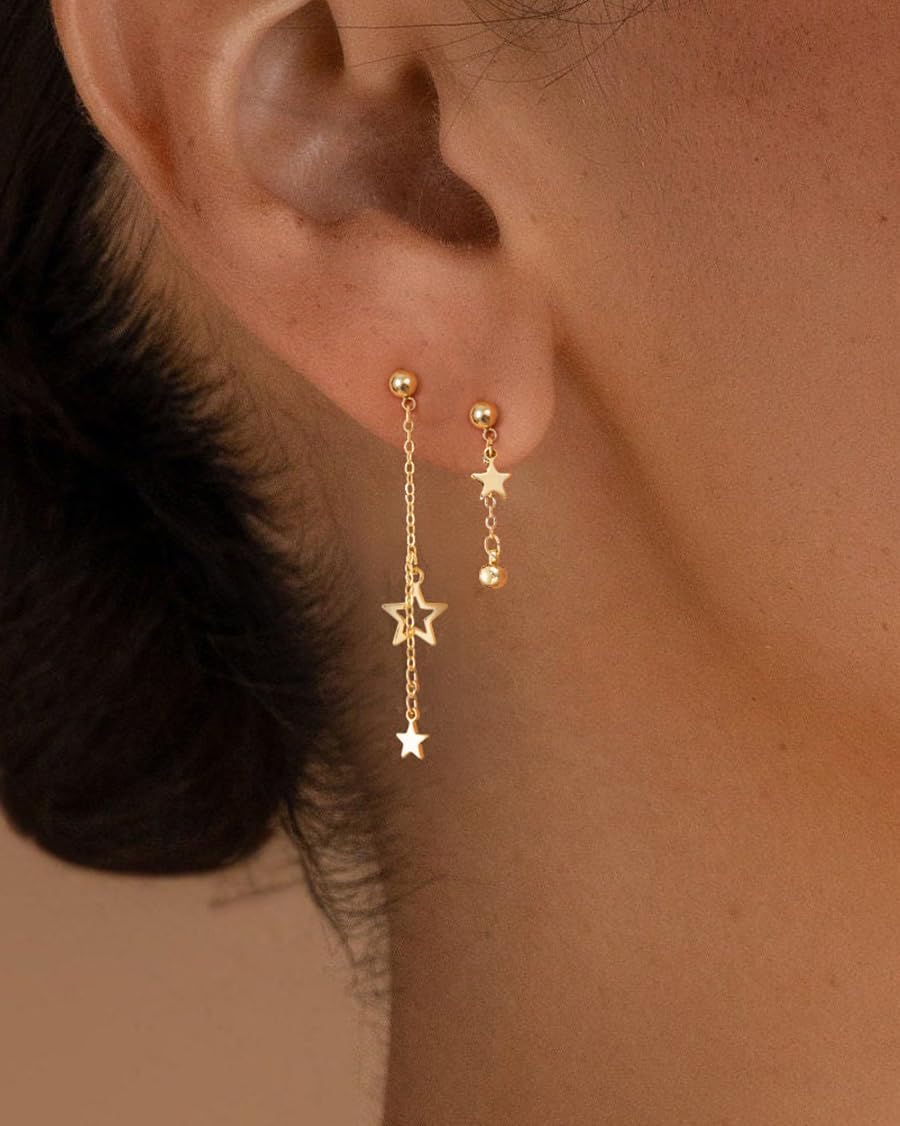 PRTGL Dangle Earrings - 14K Gold Plated Star Asymmetrical Drop Dangle Earrings for Women
