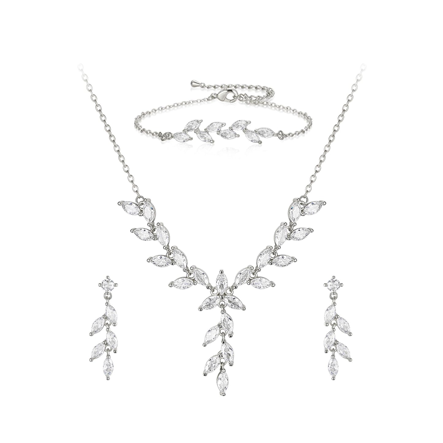 EVER FAITH Wedding Cubic Zirconia Jewelry Sets for Bride Bridesmaid, Sparkly Marquise Leaf Necklace Dangle Earrings Bracelet Set for Woman Clear Silver-Plated-Brass