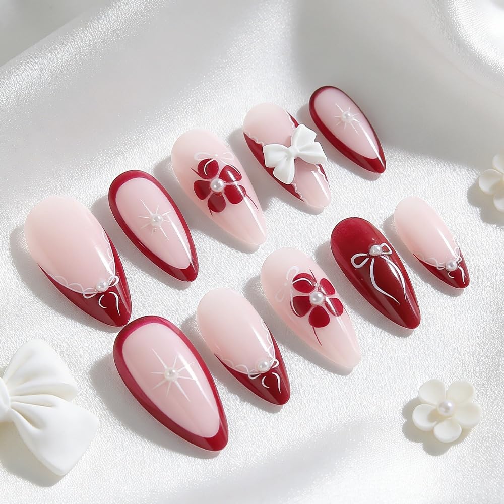 Flower Press on Nails Medium Almond Fake Nails with 5D Bow Charm Design Glossy Lace French Tips False Nail Full Cover Red Nail Press ons Reusable Spring Summer Acrylic Nail for Women Manicure 24Pcs