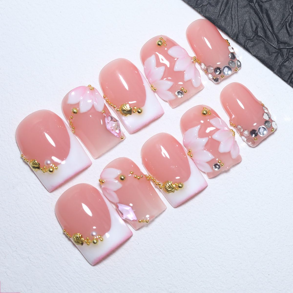 10Pcs Short Square Handmade Press On Nails | Easy Apply & Remove, Reusable Salon Quality Nails | Elegant Blush Pink Fake Nails with 3D Sakura Flower, Gold Seashell & Rhinestone Accents (O912, S)