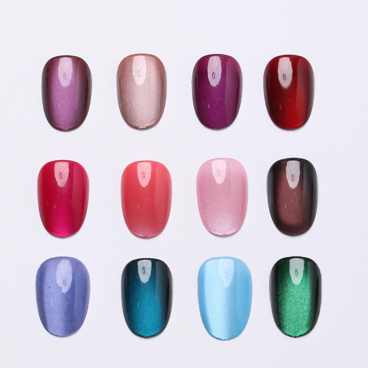 288Pcs Cat Eye Press on Nails Short Almond Fake Nails 12 Color Glitter False Nails Shiny Acrylic Glossy Glue on Nails Gradient Stick on Nail for Women Manicure