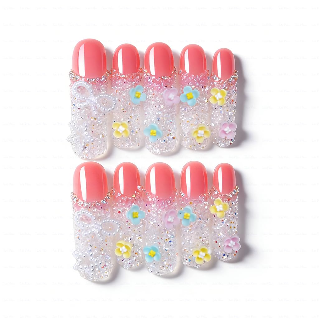 IntoVibes 3D Sugar Crystal Flower Press On Nails,Handmade Curved Down Groove Design, Pink Long Nails with Frosted Crystal Beads Cute Pastel Flowers, Reusable Fake Nails, Square Acrylic Nails(L)