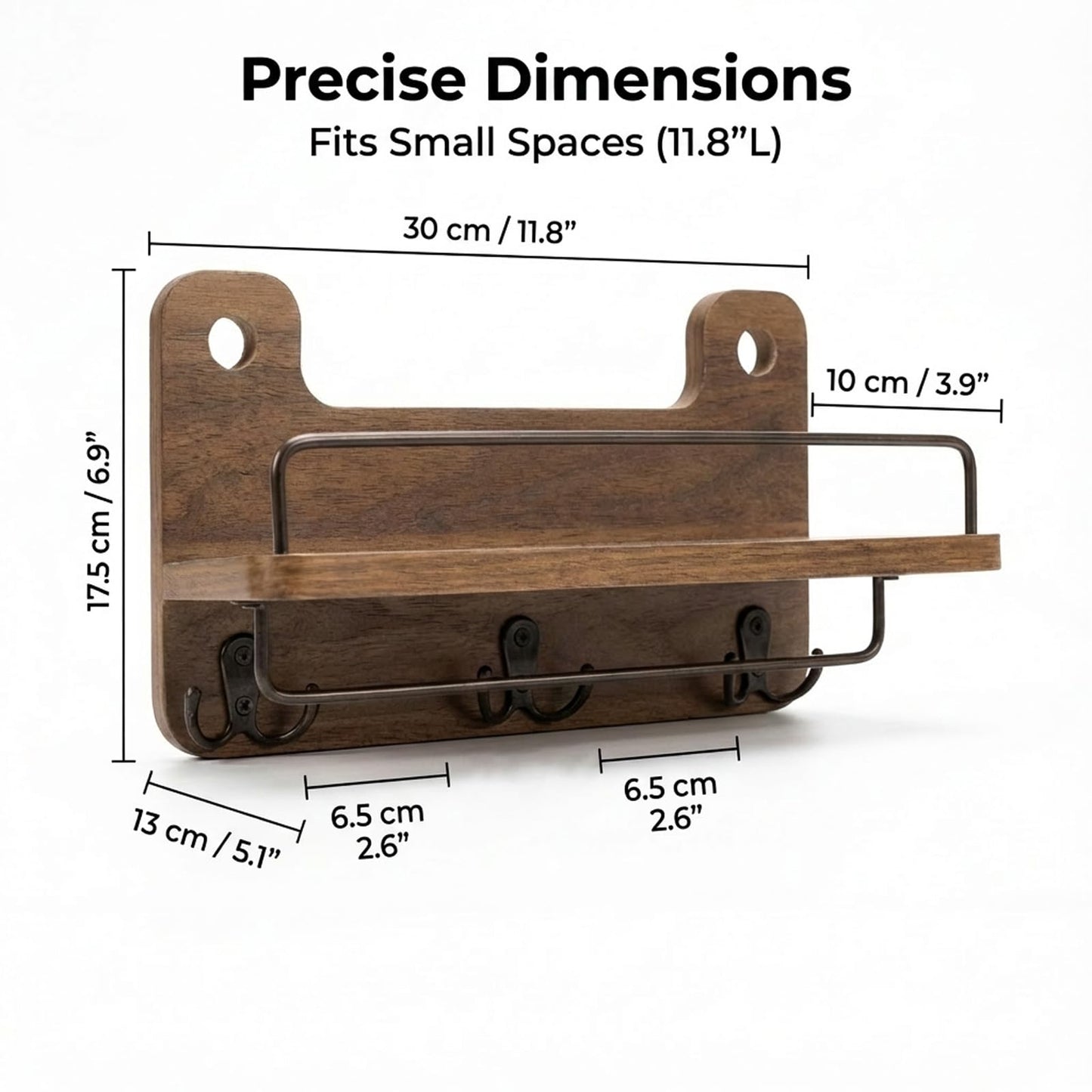REFGY Key Holder for Wall with Shelf - 5.1" Deep Large Mail Organizer Wall Mount with 3 Heavy-Duty Dual Hooks & Safety Guardrail - Rustic Wood Wall Shelf for Entryway, Kitchen, Office