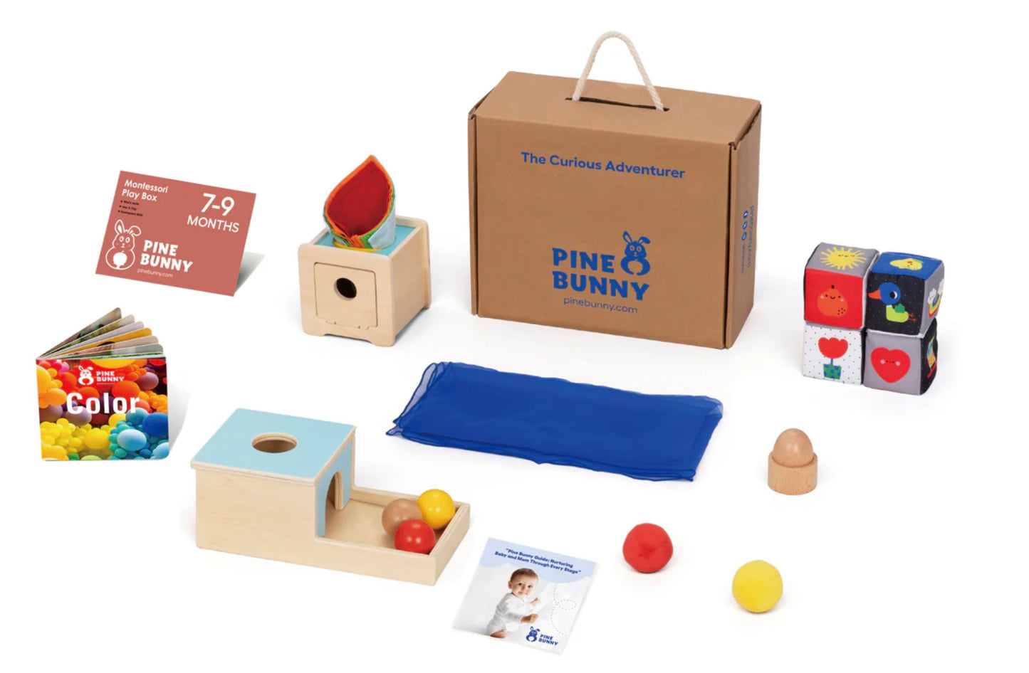 Pine Bunny Montessori Wooden 10-in-1 Toy Set for 7+ Months, Object Permanence Box, Egg and Cup, Tissue Box, Fabric Blocks, Scarf, Educational Learning Sensory Development Fine Motor Skills Baby Toys