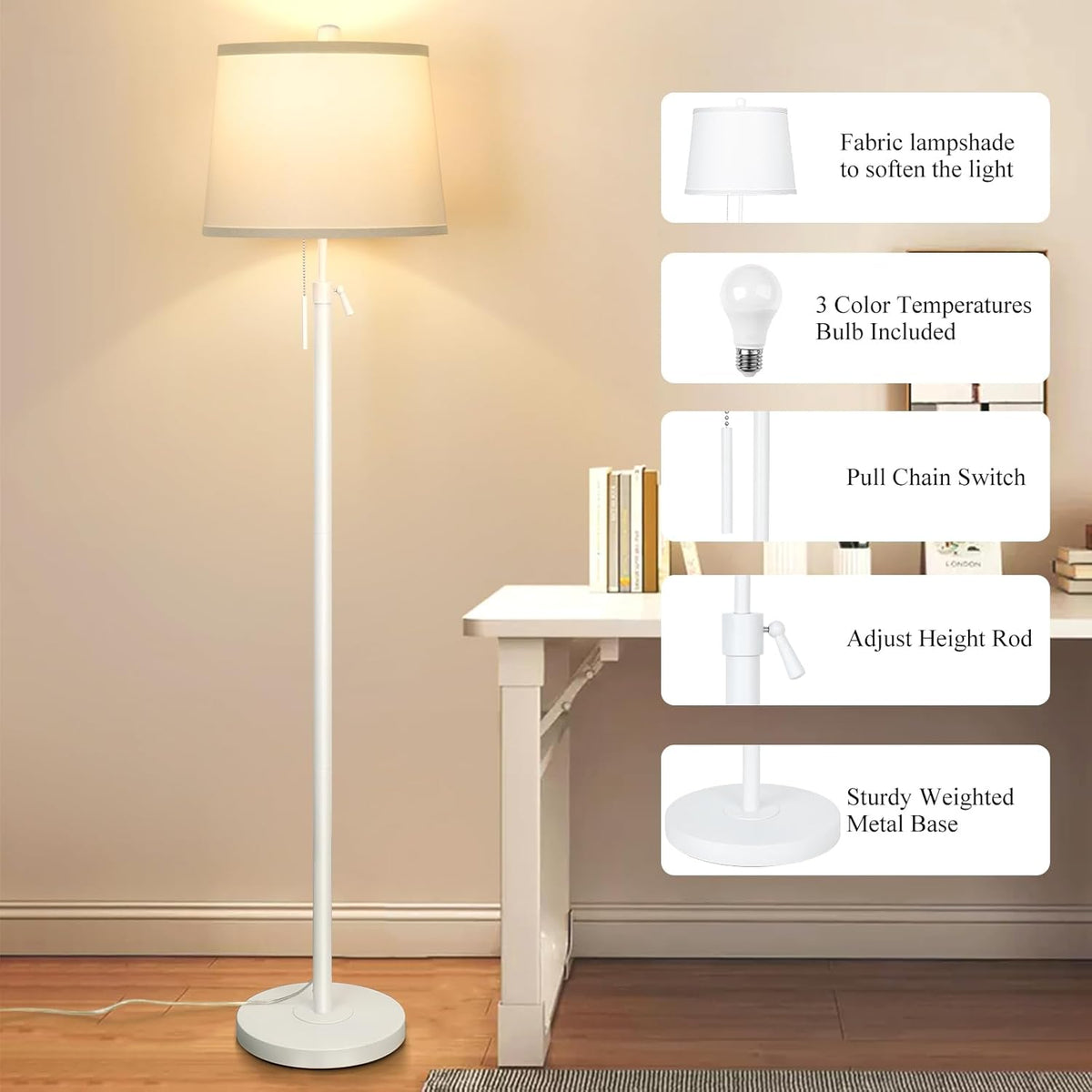 White Floor Lamp for Living Room 55-65" Adjustable Height Modern Standing Lamp with Pull Chain Tall Pole Light with White Shade for Bedroom Reading Office Corner Nursery 9W LED Bulb Included 3 Color