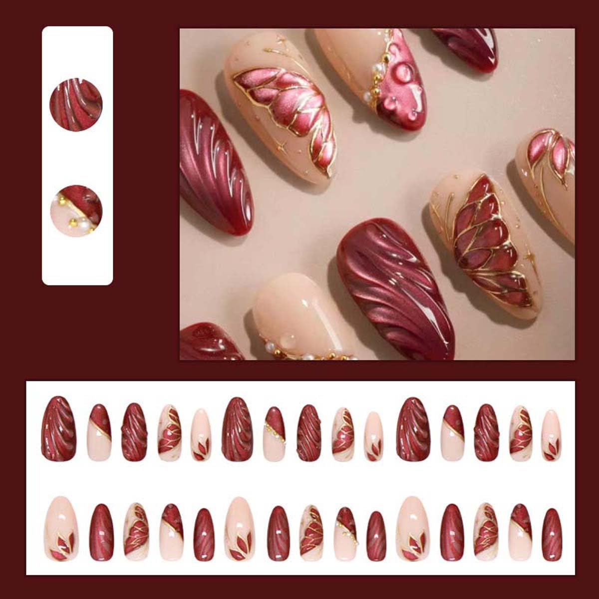 LINMEIZAI 24 Pcs Spring Press on Nails Short Almond Nude Fake Nails Press ons Nail Tips Glossy Butterfly Stick on Nails Acrylic Nail Kit with 3D Leaf & Gold Line Design False Nails Nail Art for Women