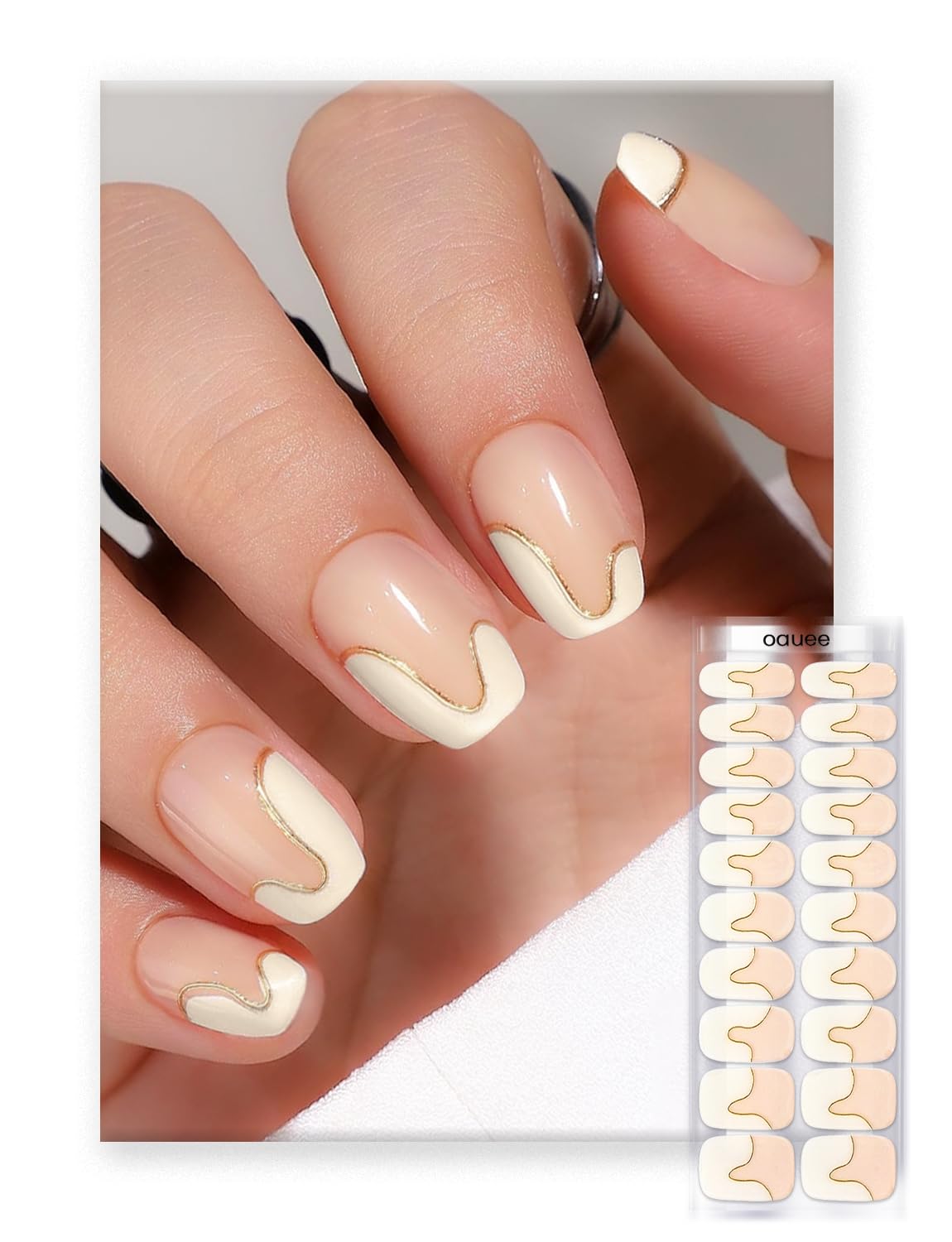 Oauee Semi Cured Gel Nail Strips | Built-In Gel Top Coat | UV Light Required | Salon Quality, Easy Application And Removal (Ivory Wave With Gold)