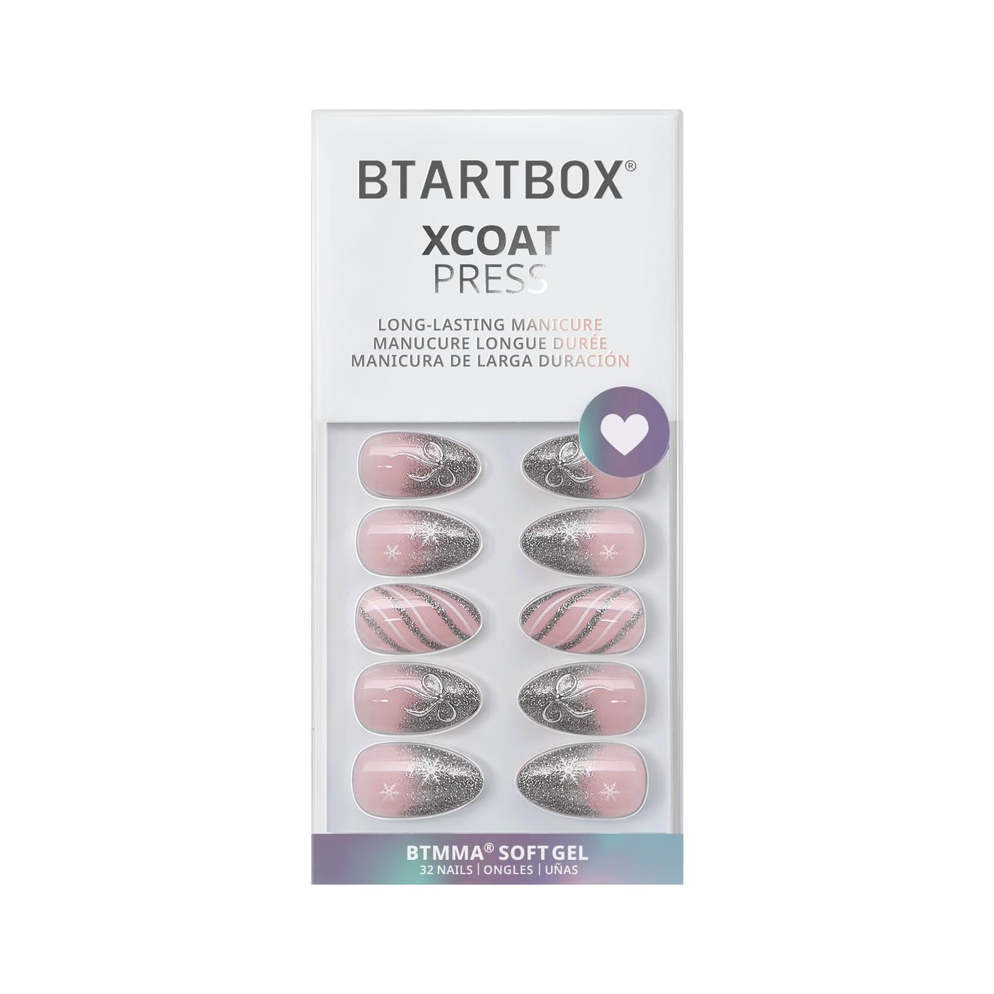 BTArtbox French Tip Press On Nails - Sparkle Bow, Lamp-Curable Short Almond Press On Nails with Glue and Adhesive Tabs for Women in 16 Sizes - 32 Soft Gel Glue On Nails Kit