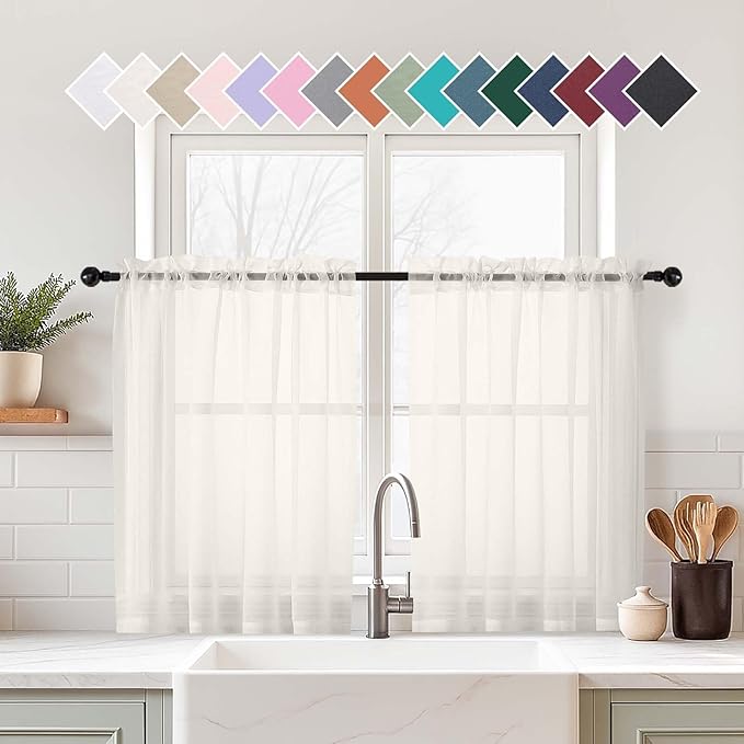 Ivory Sheer Curtains Tier 30 Inches Length 2 Panels Set, Light Filtering Lightweight Soft Window Treatments Drapes, Cute Elegant Cafe Curtains for Nursery, Dual Rod Pocket, 2x42Wx30L Inches