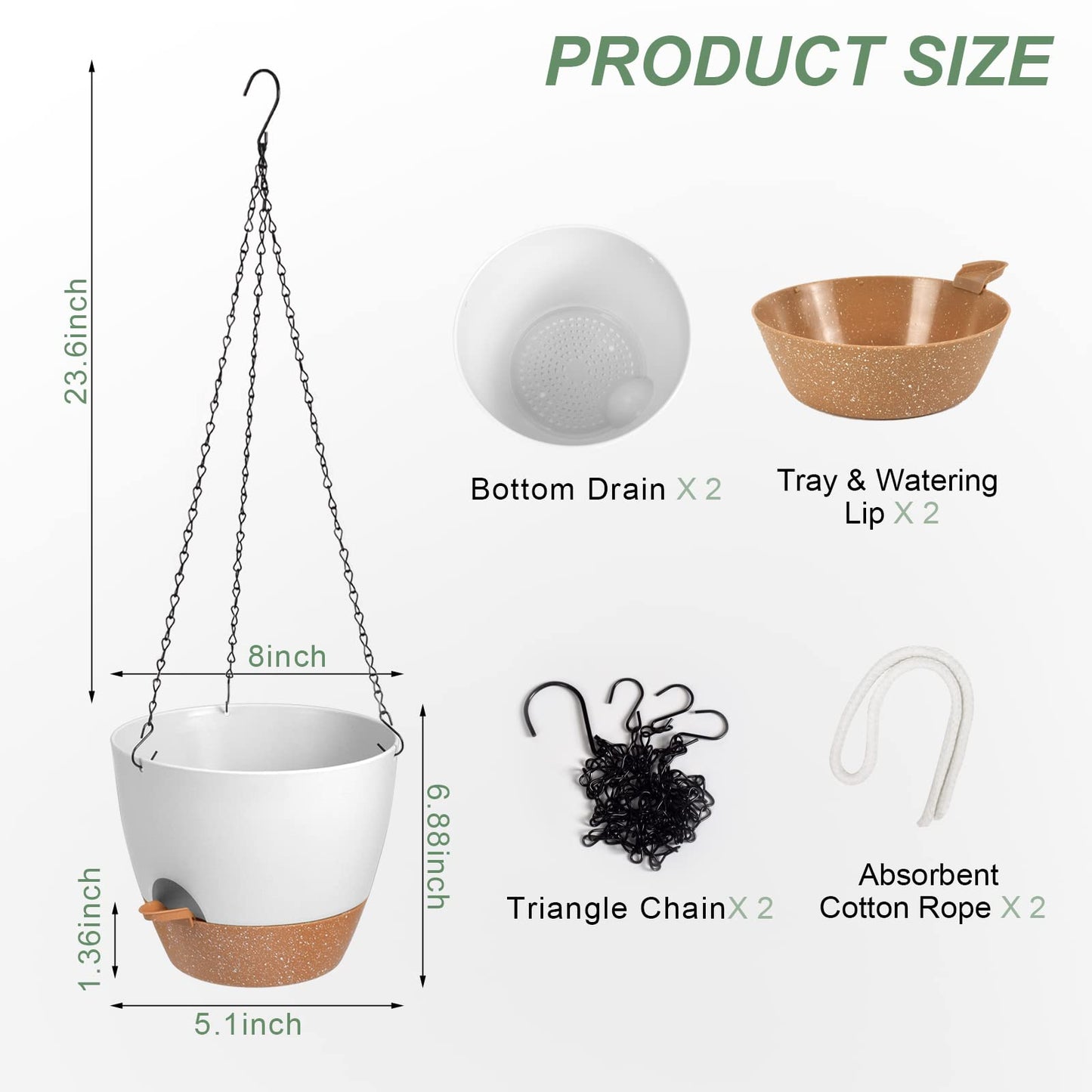 Vanslogreen Hanging Planters for Indoor Outdoor Plants, 2 Pack Self Watering Hanging Pot with Drainage Holes & Removable Tray (White, 8'')