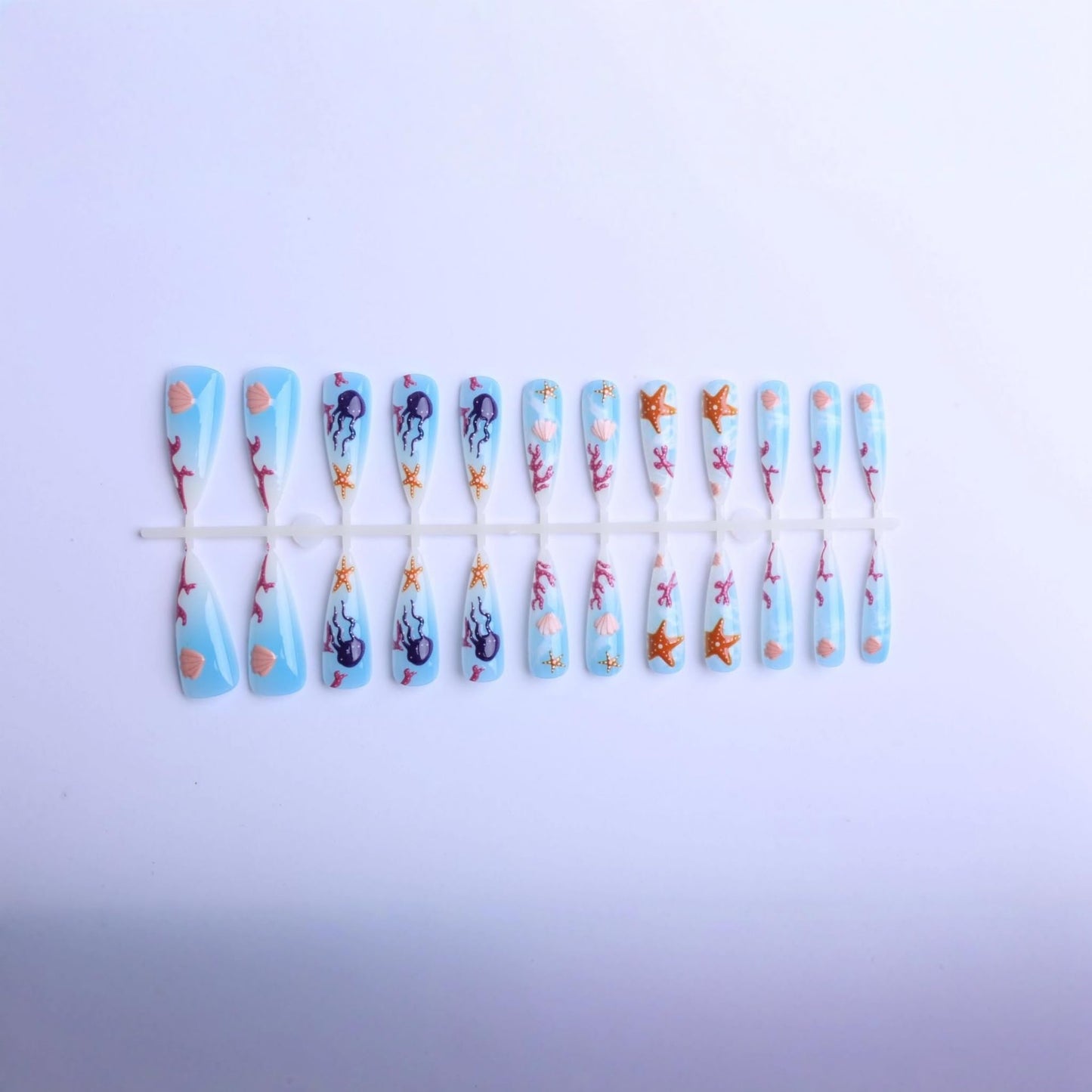 Long Press on Nails Almond Fake Nails Blue Artificial Nail Seeneey Summer Beach Stick on Nail for Women 24pcs