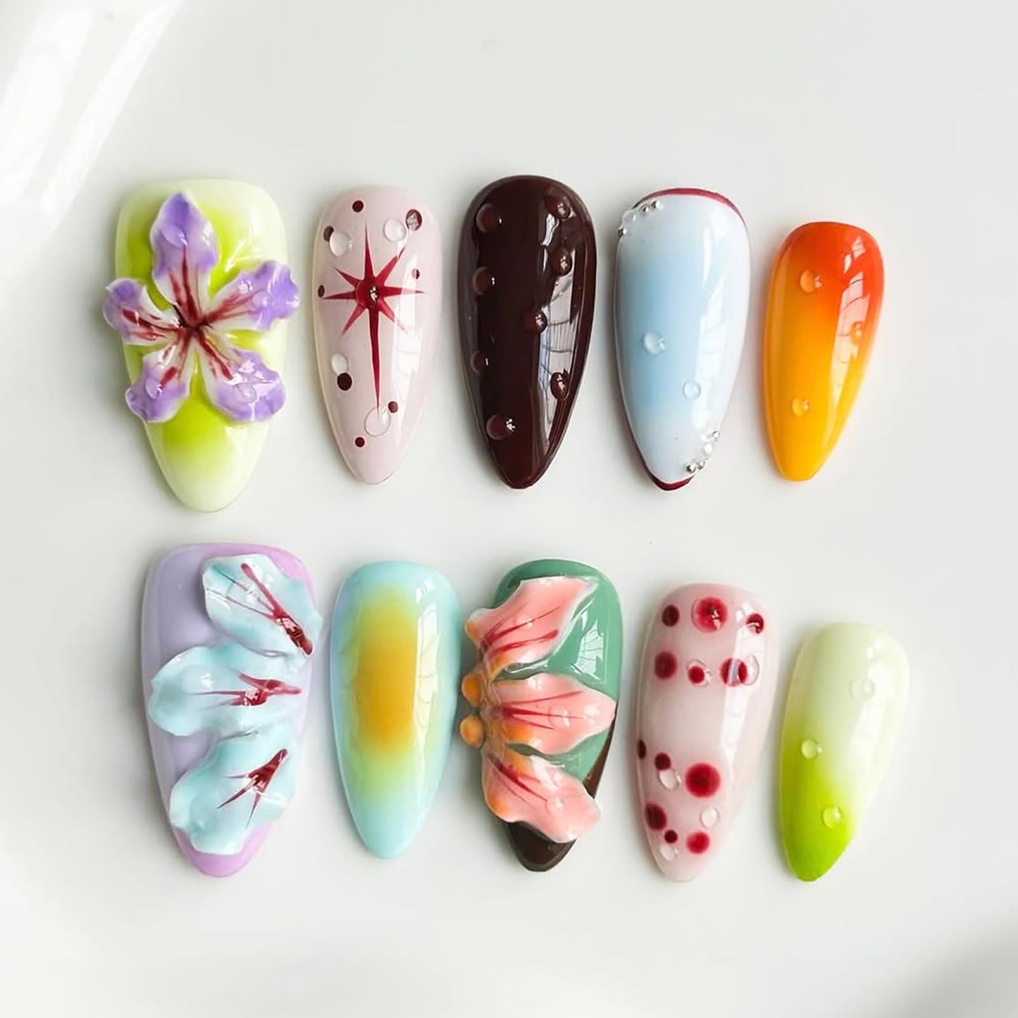 Luxury Press on Nails Medium Almond Handmade 3D Unique Reusable ABS Material Fake Nails Tropical False Nails with Designs Flower Water Drop Art Petal Glossy Glue on Nails Thick Acrylic Nails(M)