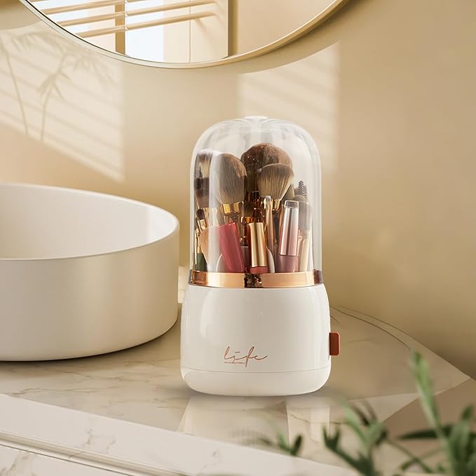 Toothbrush Holders with Cover,Dustproof 360 Rotating 7 Slots Toothpaste Holder for Bathroom Organizer Countertop,Makeup Brushes Organizer,Bathroom Accessories (White)