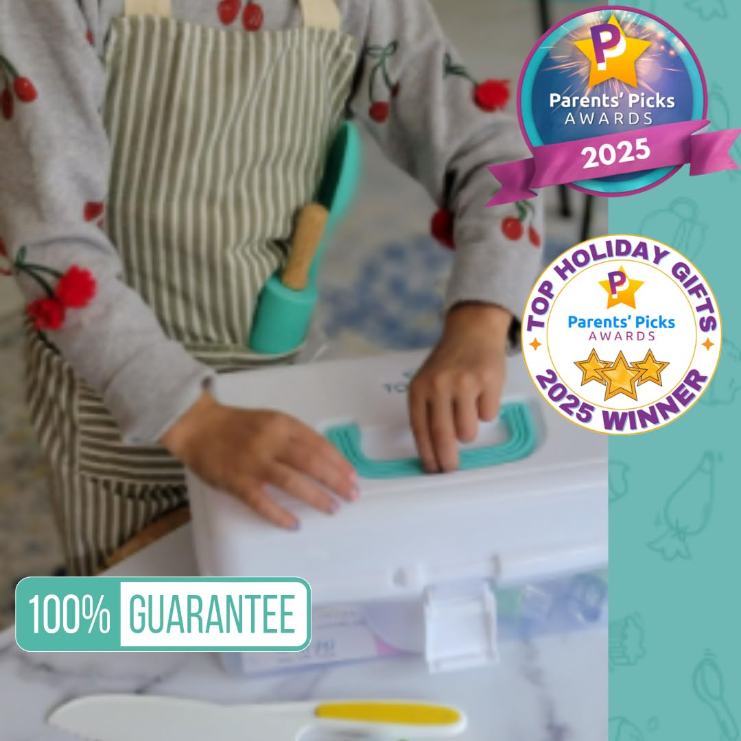 Tovla JR Kids Real Cooking and Baking Ultimate Gift Set | Montessori Kid-Safe Knives, Apron, Visual Cookbook, Timer, Storage Case & Tools | Premium Christmas & Birthday Gift for Girls & Boys